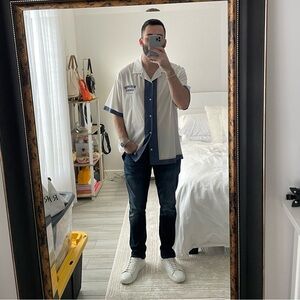 ZARA World Wide Goods White and Blue Button-Up Short Sleeve Shirt